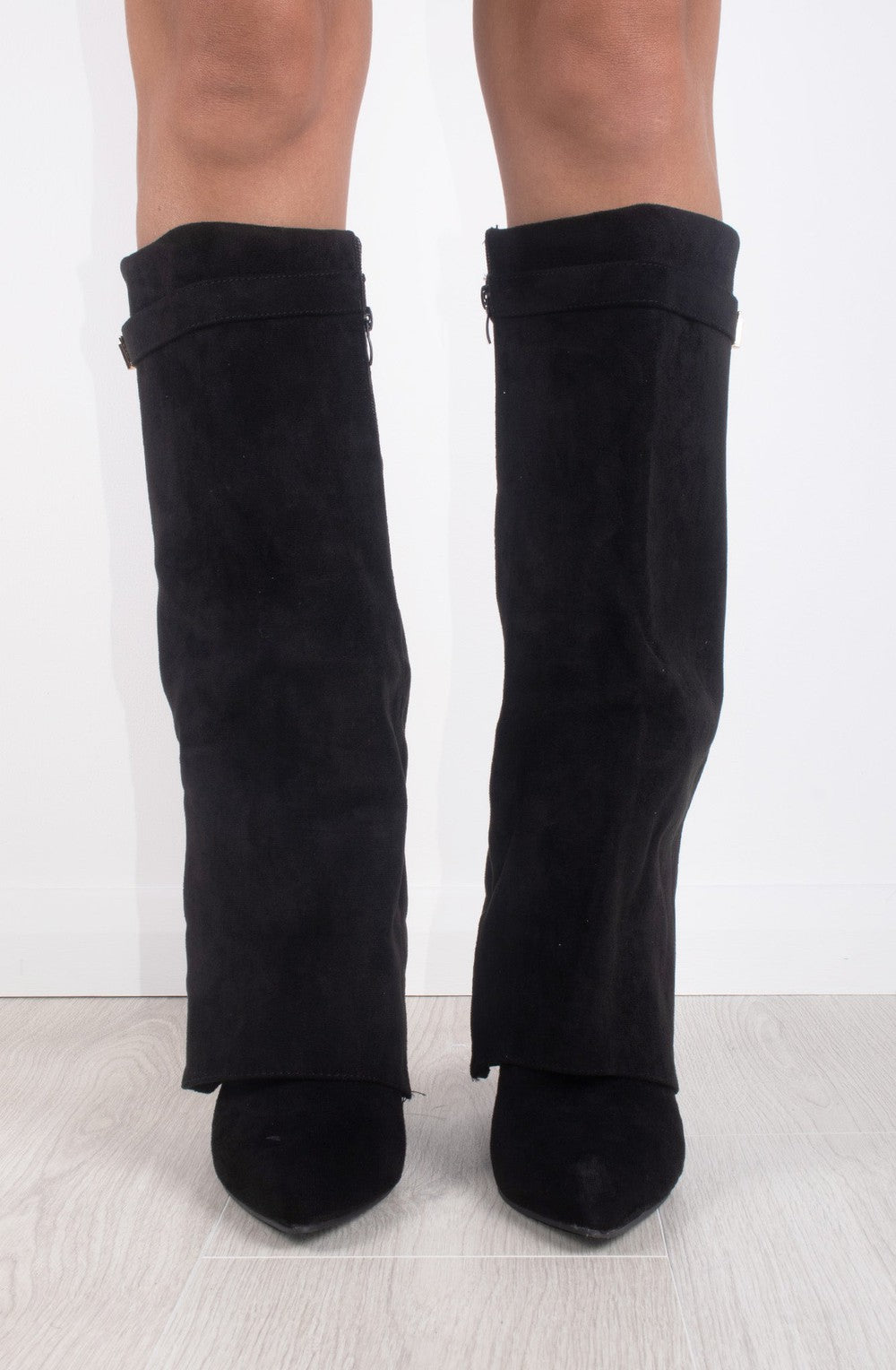 Faux Suede Fold Over High Boots | Black