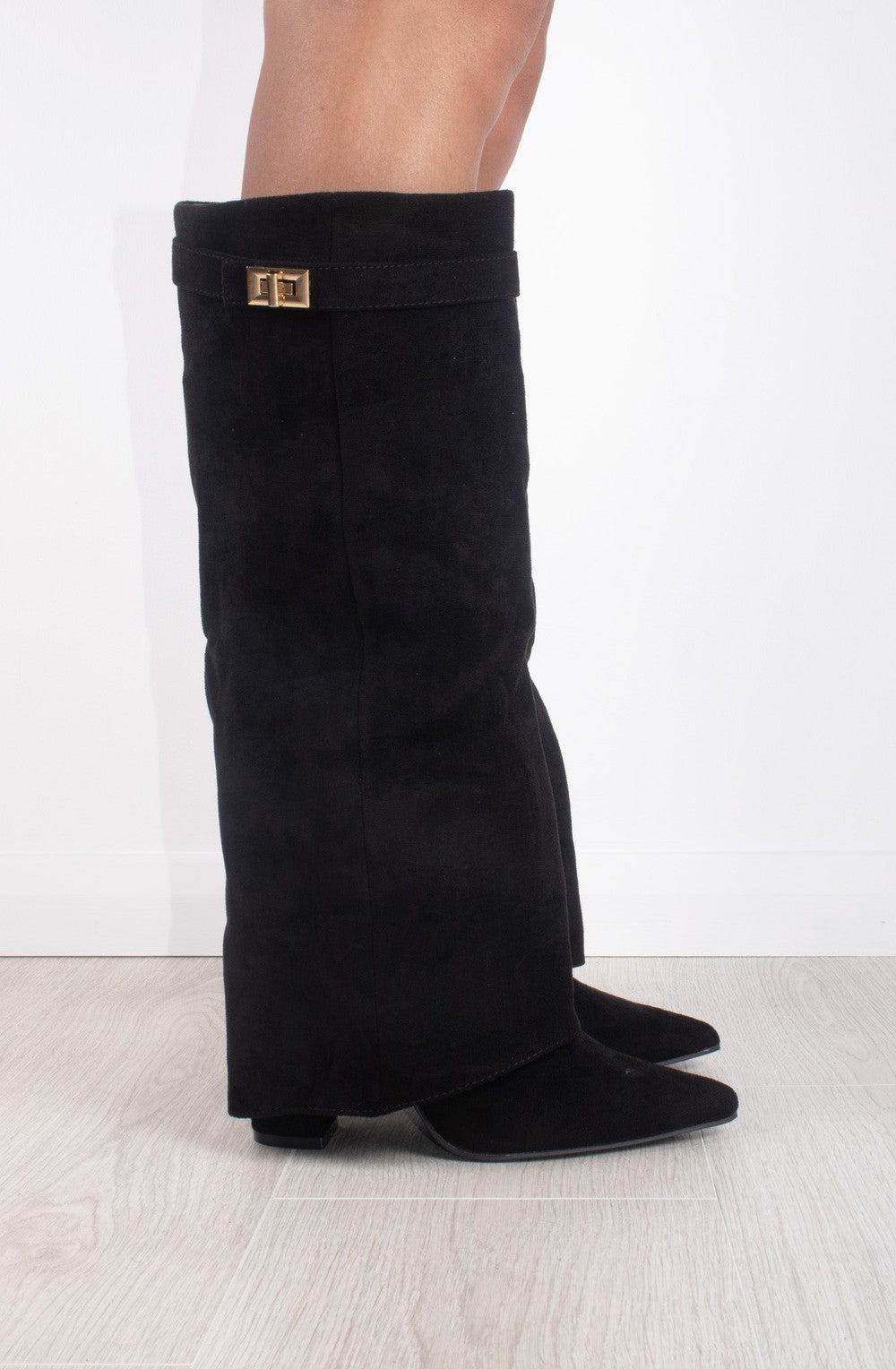 Faux Suede Fold Over High Boots | Black