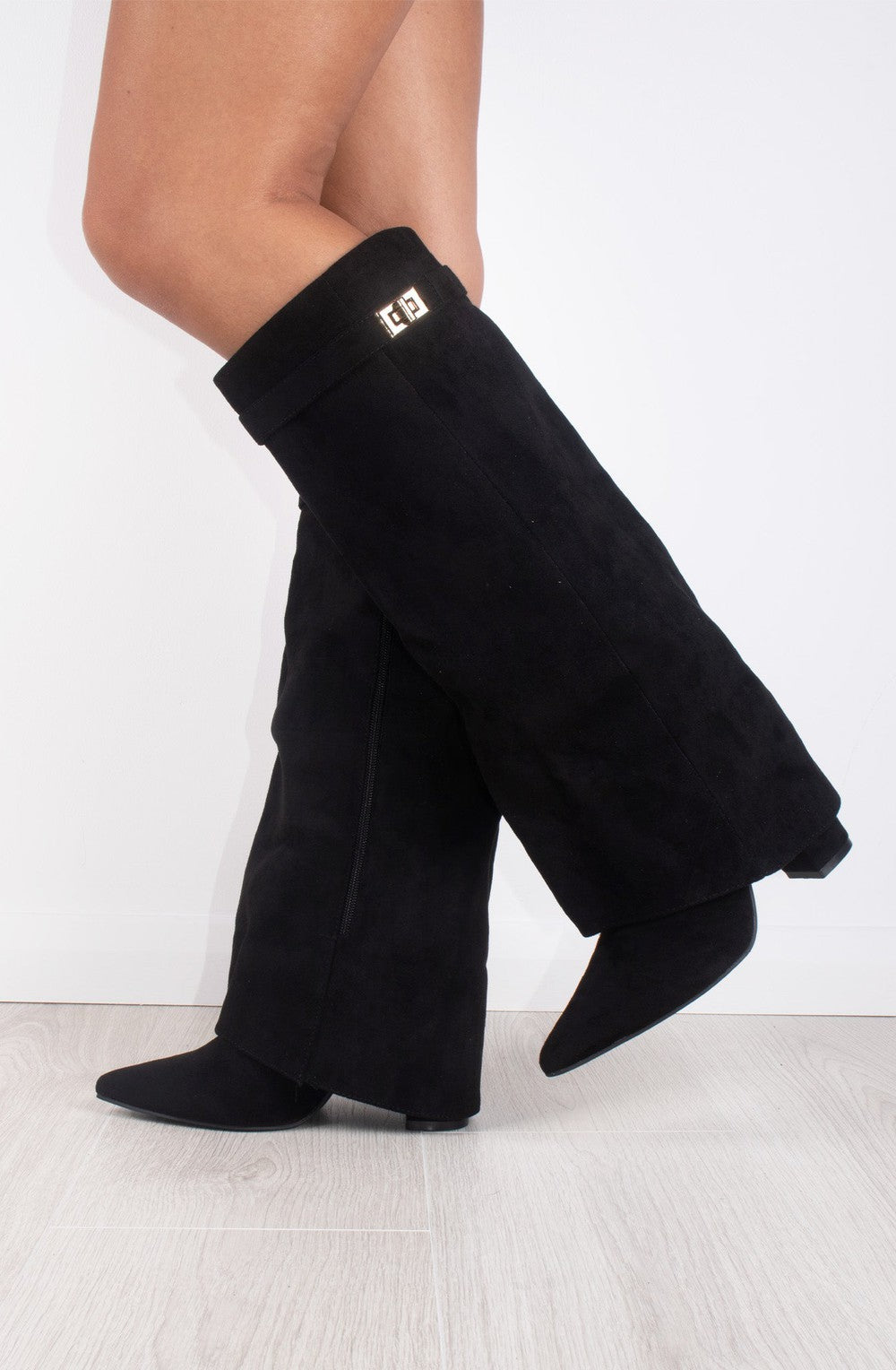 Faux Suede Fold Over High Boots | Black