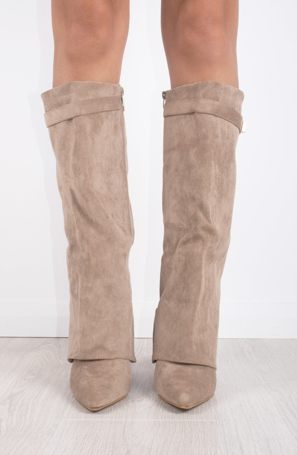 Faux Suede Fold Over High Boots | Taupe