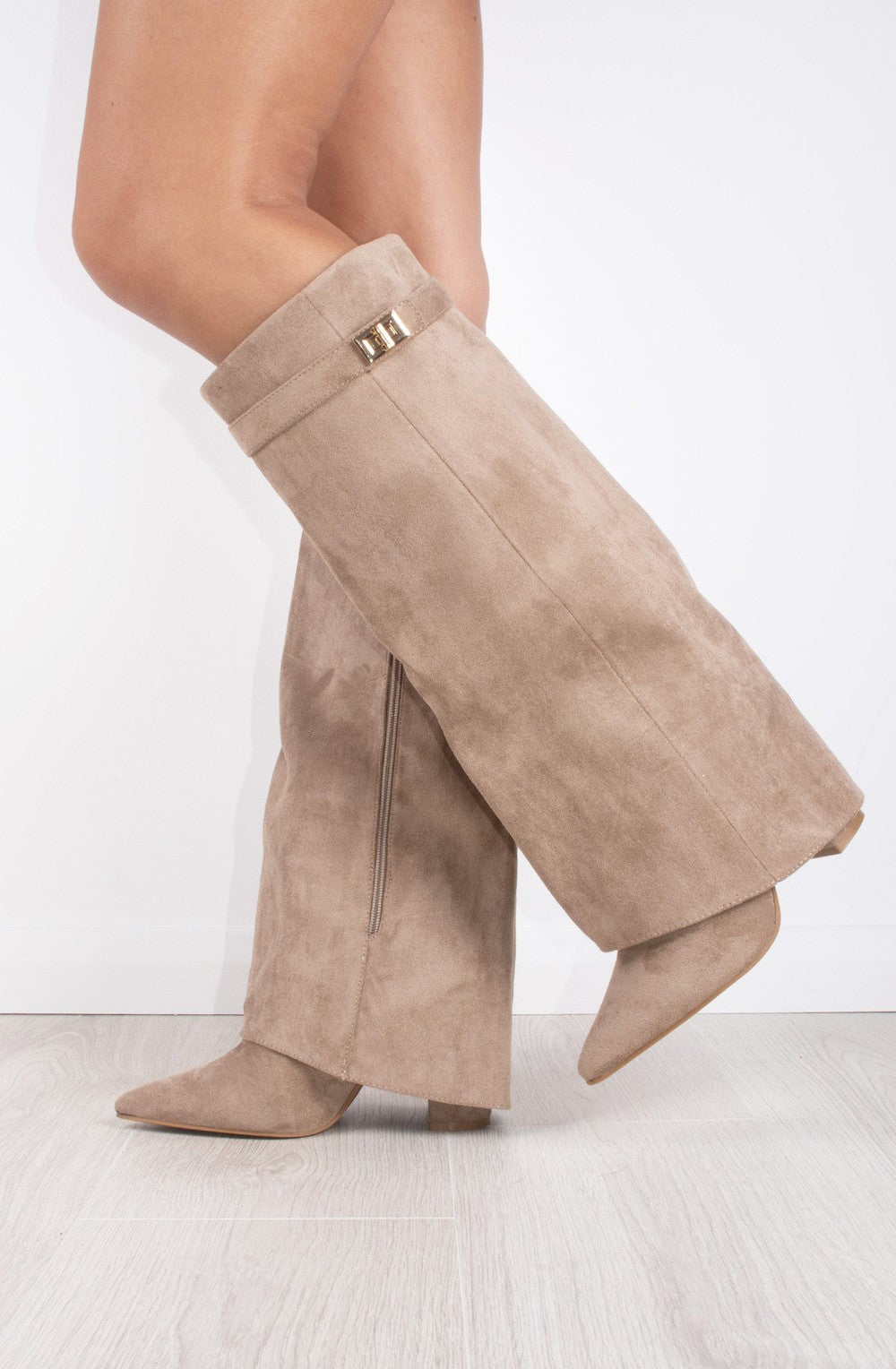 Faux Suede Fold Over High Boots | Taupe